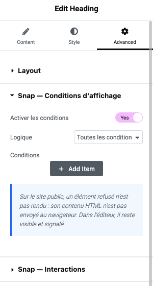 Section Conditions d’affichage activée dans l’onglet Advanced d’un widget.