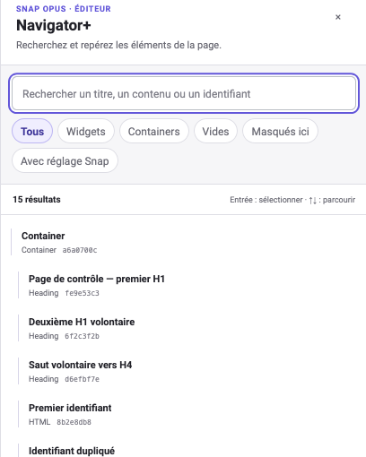Panneau Navigator+ affichant les résultats de recherche parmi les widgets et containers de la page.