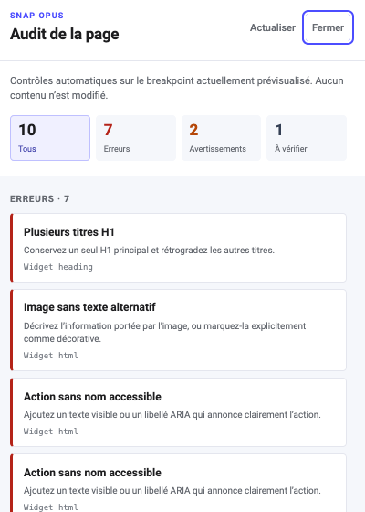 Panneau Page Audit ouvert dans l’éditeur Elementor, listant sept erreurs détectées.