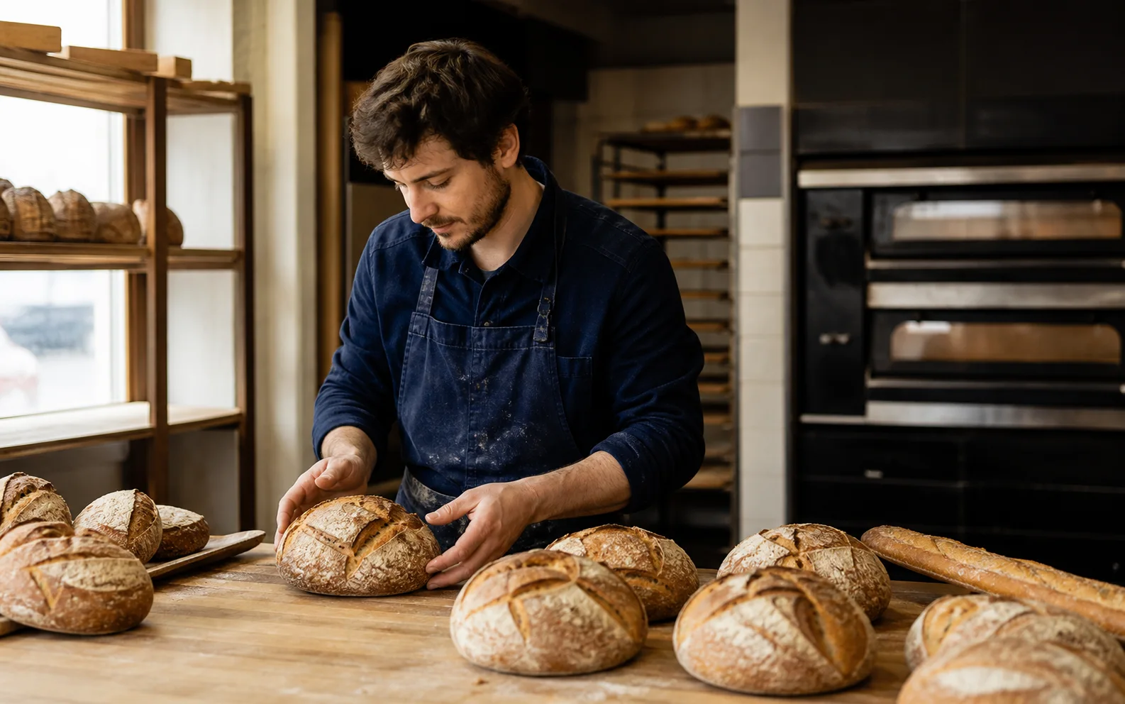 Boulanger travaillant une pâte au levain dans son fournil.