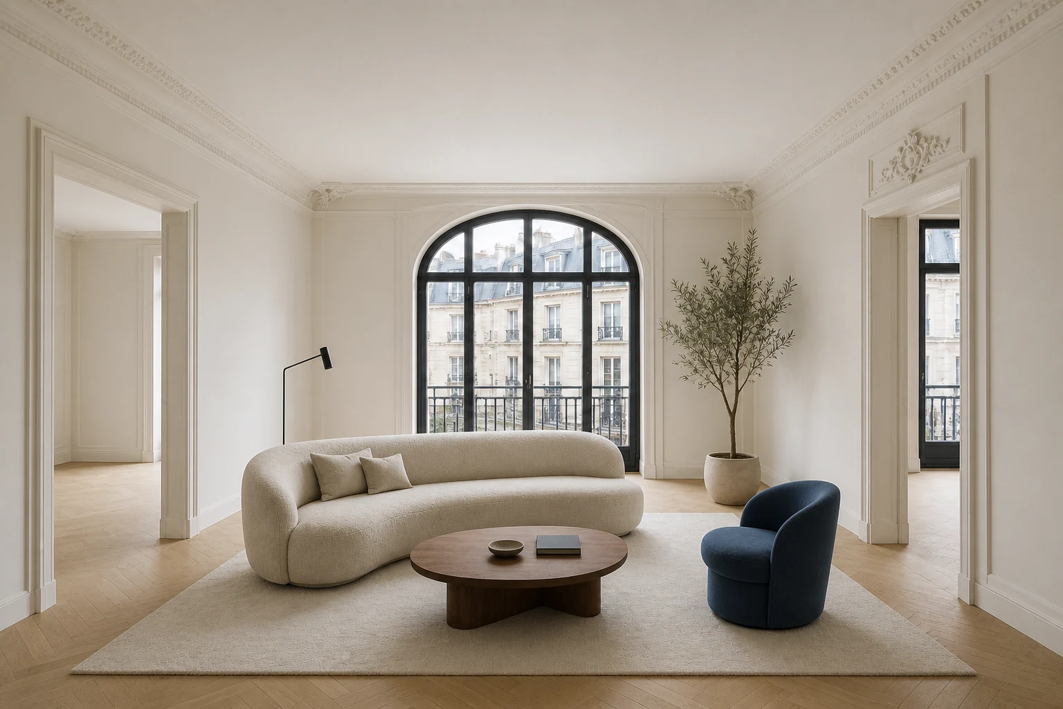 Renovated Parisian apartment furnished with a cream sofa, walnut table and cobalt chair.