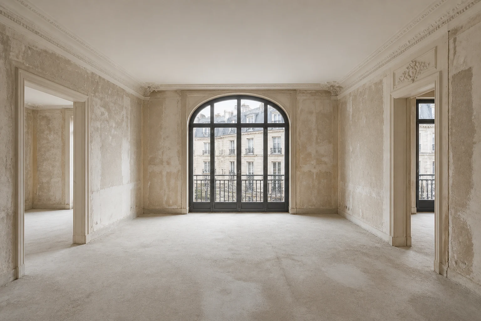 Unfinished Parisian apartment with stripped plaster walls and an arched window.