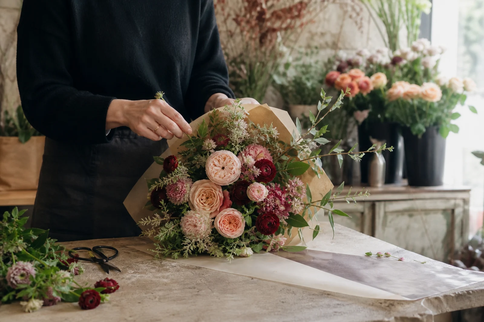 Fleuriste composant un bouquet de roses de jardin.
