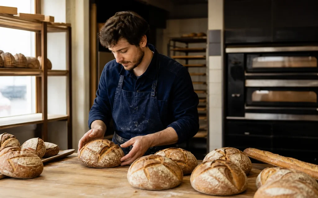 Boulangère expliquant un geste de fabrication dans son fournil.