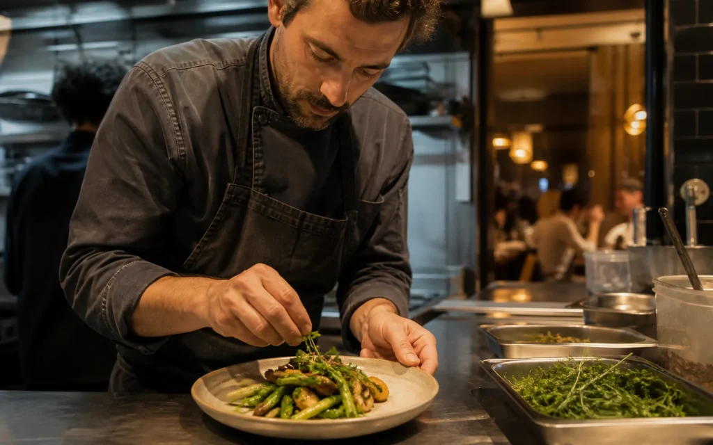 Cheffe dressant une assiette avant le service du soir.